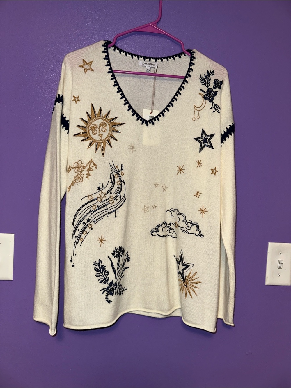 Johnny Was Cream V-Neck Sweater with Black & Gold Celestial Embroidery